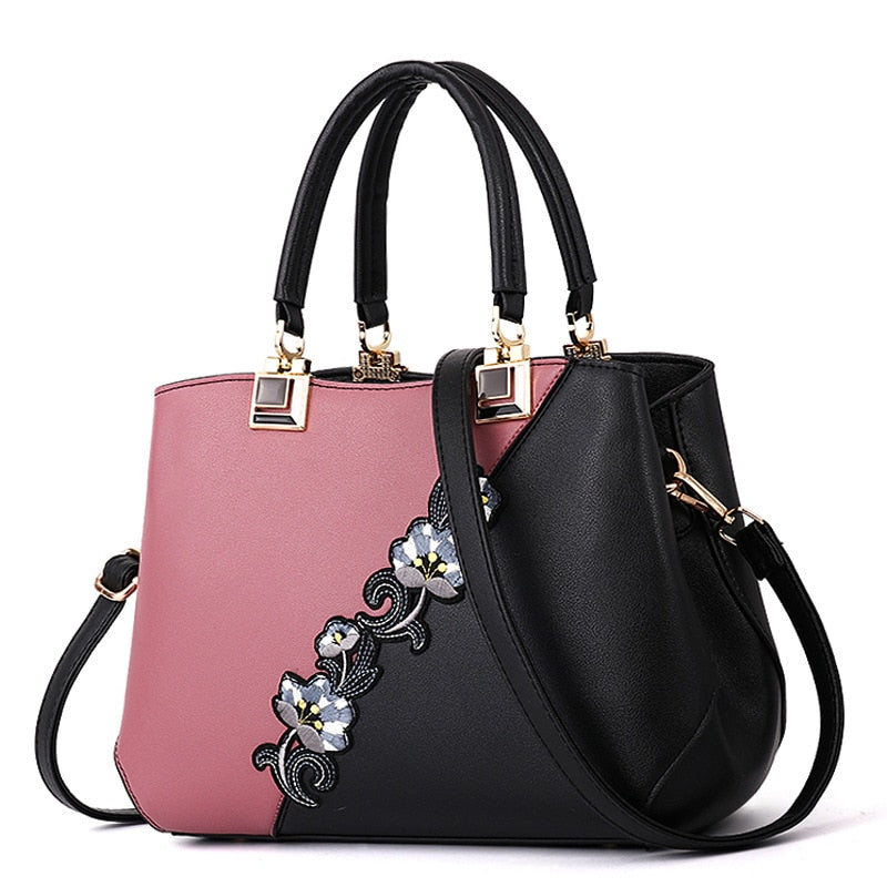 Denise Leather Embroidered Messenger Tote Bag