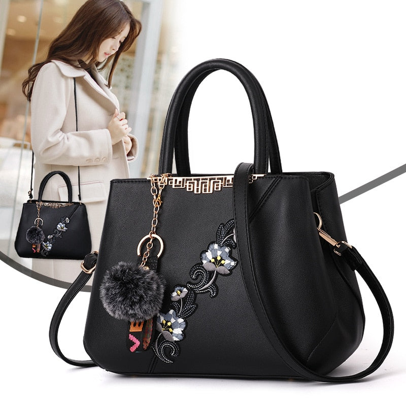 Denise Leather Embroidered Messenger Tote Bag