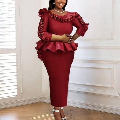 Nandi Long Sleeve O Neck Ruffles Peplum